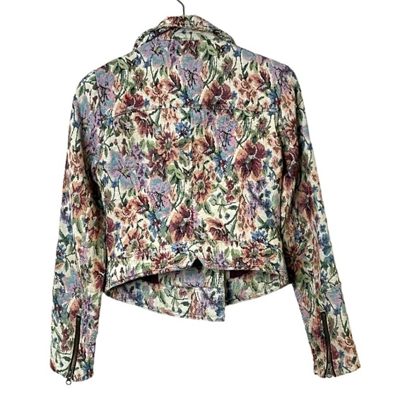 FREE PEOPLE Boho Floral tapestry Lined Moto Crop Jacket Zipper Details US Sz 2 - Picture 4 of 11